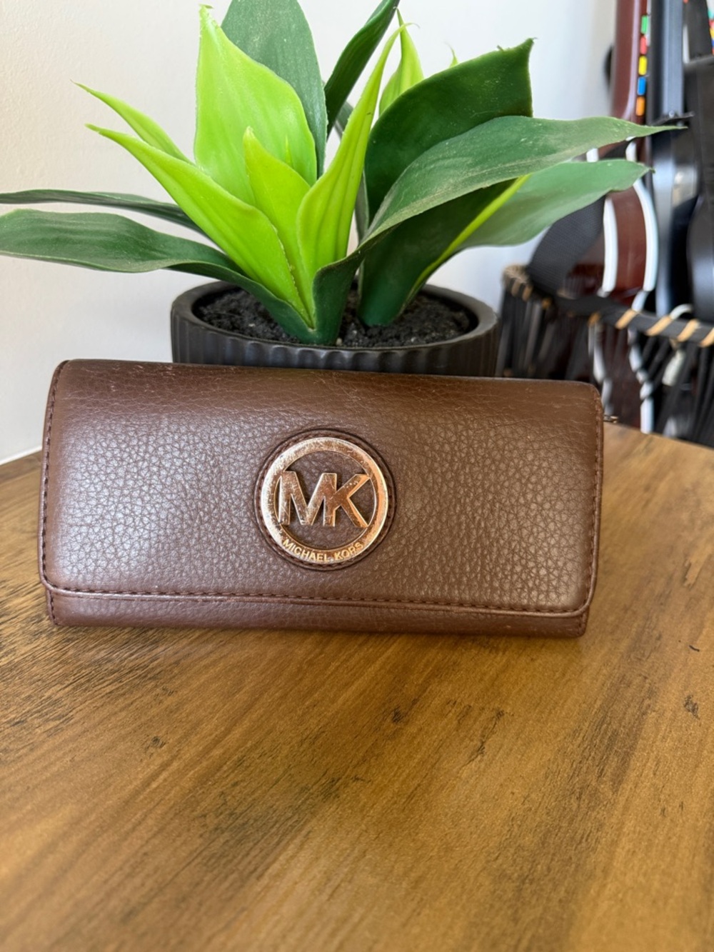 Michael Kors Chocolate Brown Pebbled Leather Clutch Wallet with Gold MK Emblem
